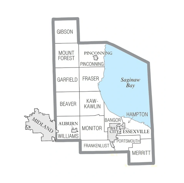 Map showing townships and cities around Saginaw Bay, Michigan.