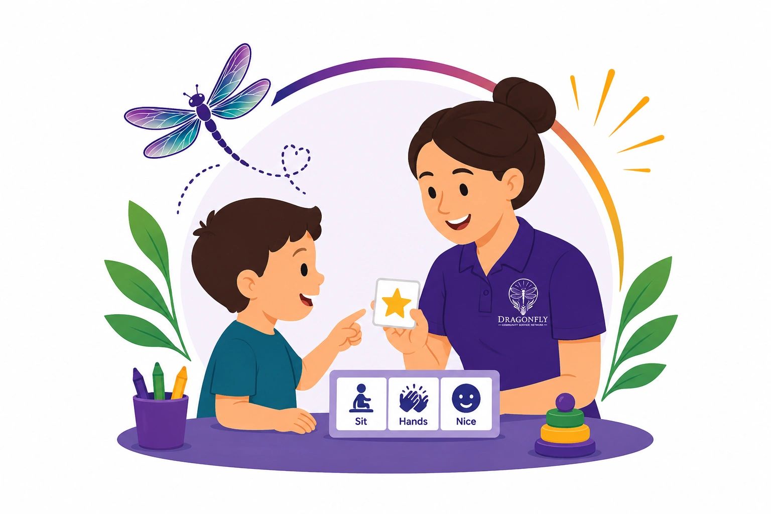 Child learning with a teacher using visual aids and positive reinforcement.
