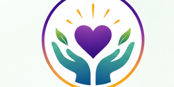 Logo with hands holding a heart and leaves, symbolizing care and growth.
