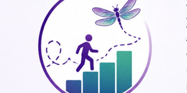 Person climbing bar graph guided by a colorful dragonfly symbolizing growth.