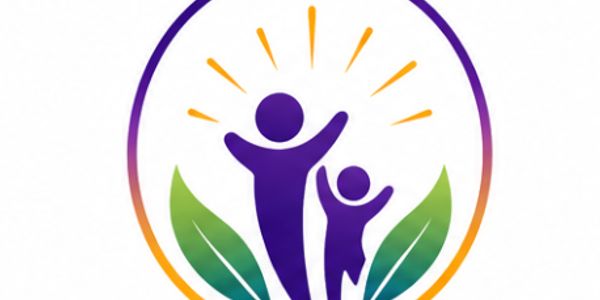 Logo with two human figures and leaves symbolizing growth and care.