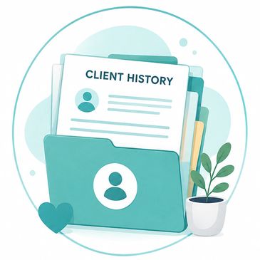 Folder labeled Client History with documents and a small plant beside it.