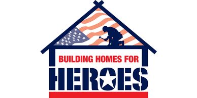 Logo with American flag and silhouette building homes for heroes.