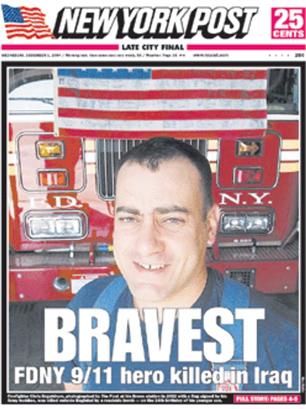 Front page honoring a fallen FDNY 9/11 hero killed in Iraq.