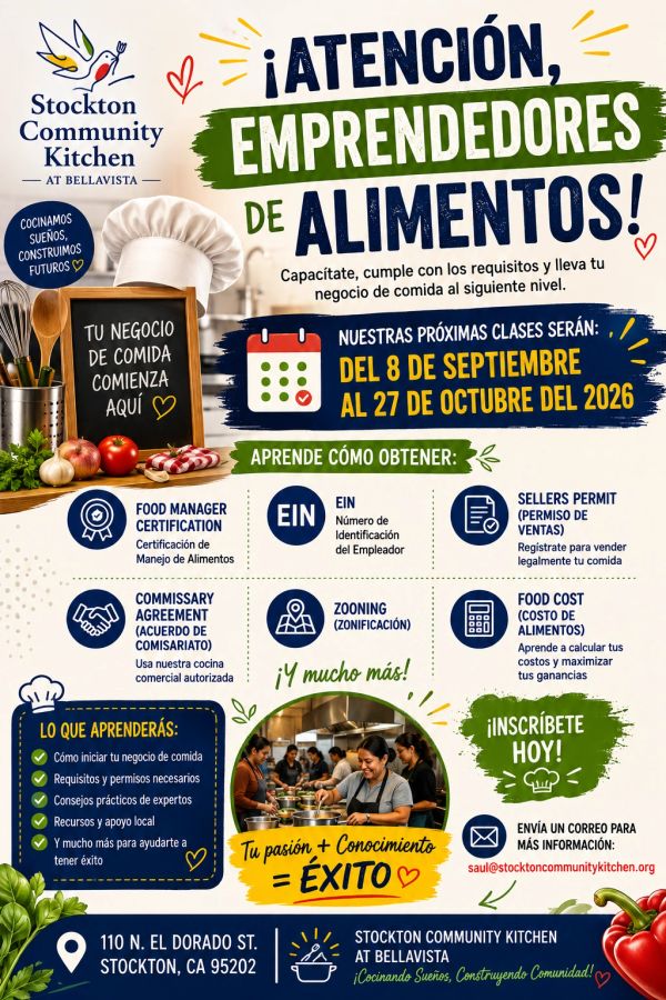 Flyer inviting food entrepreneurs to business classes at Stockton Community Kitchen.