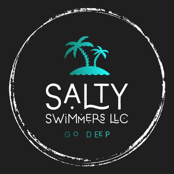 Logo of Salty Swimmers LLC with palm trees and ocean theme.