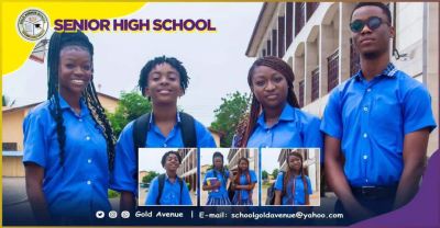 Four senior high school students in blue uniforms smiling outdoors.