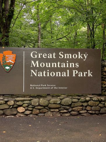 Sign for Great Smoky Mountains National Park, in Gatlinburg, Tennessee. 