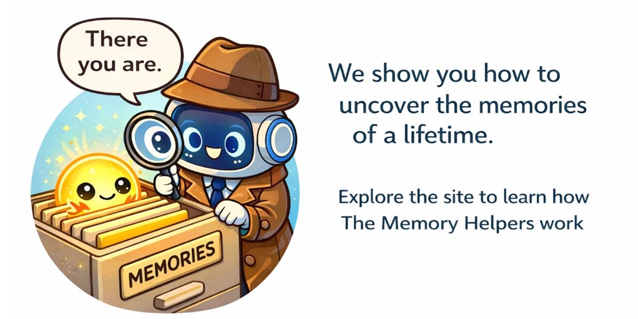 Cartoon detective robot finds happy memories in a drawer labeled 'Memories'.