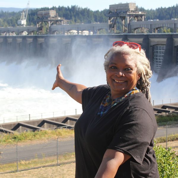 Phyllis visiting the Bonneville Dam in 2017, learning about hydro and its impact on Clallam County.