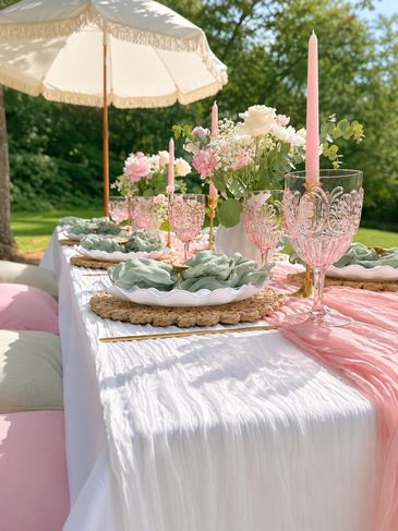 Elegant outdoor table setting with pink accents and floral centerpiece.