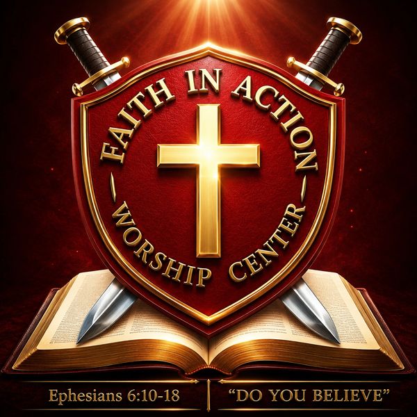 Faith in Action Worship Center emblem with Bible and swords.