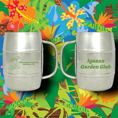 Two metal mugs with garden club logos on a colorful tropical background.