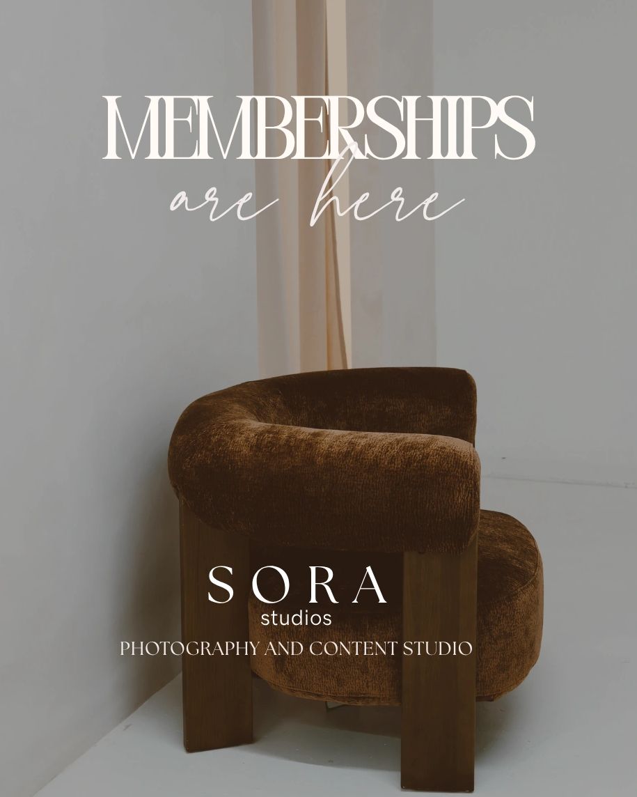 Elegant brown chair with text announcing memberships at Sora Studios photography and content studio.