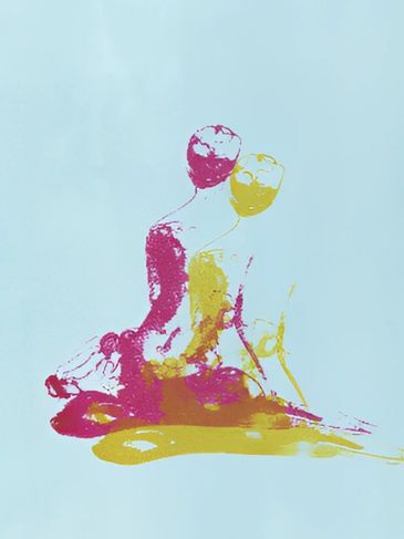 Abstract art of two intertwined figures in pink and yellow on a light blue background.