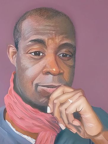 Portrait of a man with a thoughtful expression and a pink scarf.