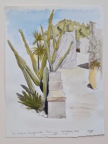 Watercolor painting of a cactus and stone bench in a sunny courtyard.