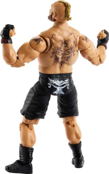 Action figure with tattoos and black shorts showing back muscles.