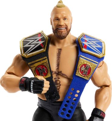 Action figure holding two WWE championship belts.
