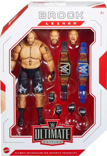 Brock Lesnar action figure with accessories in packaging.