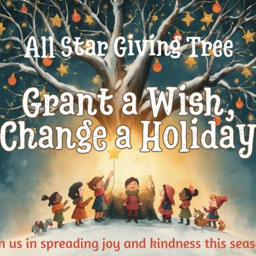 Children around a magical tree with stars and holiday lights.