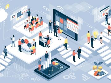 People collaborating in a digital workspace illustration.