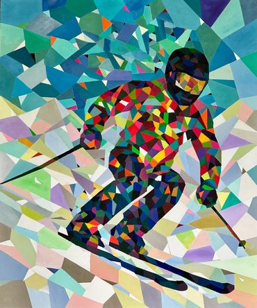 Peinture abstraite d'un skieur coloré en mouvement.