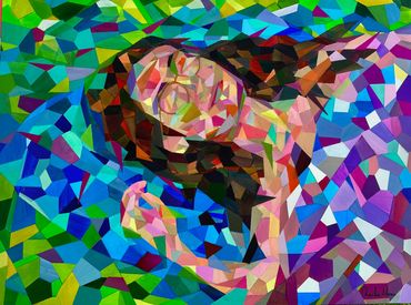Portrait abstrait coloré d'une femme endormie.