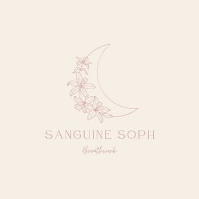 Minimalistic floral crescent moon logo with text Sanguine Soph.