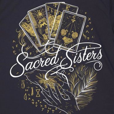 Illustration of tarot cards and hand with text Sacred Sisters.