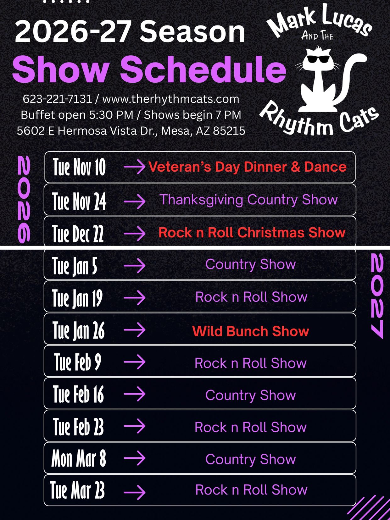 2026-27 show schedule for Mark Lucas and The Rhythm Cats at Mesa, AZ.