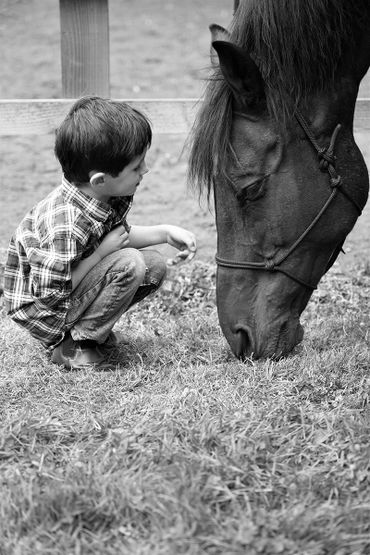 A boy crouches near a horse eating grass in a fenced area.