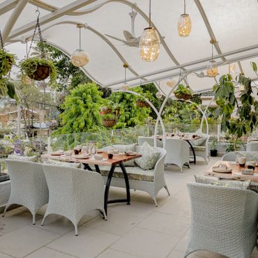 Cozy outdoor dining area with wicker chairs and hanging plants under a canopy.