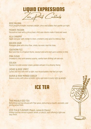 Menu of zero-proof cocktails and iced teas with detailed descriptions.
