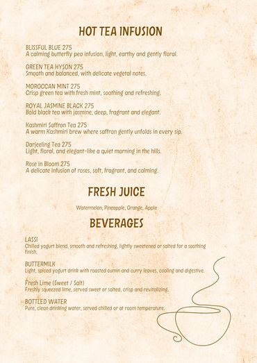 A vintage-style menu listing hot tea infusions, fresh juices, and beverages with descriptions.
