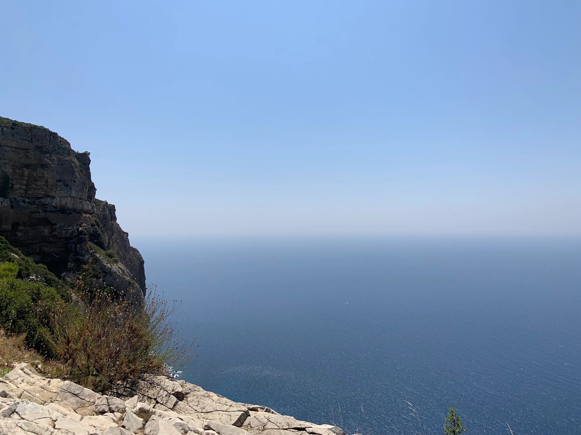 Cliff overlooking a vast, calm ocean under a clear blue sky.