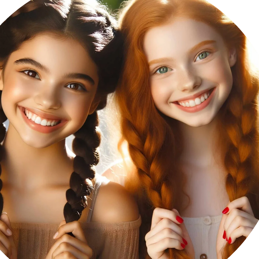 Two smiling girls with lice removal braided hair enjoying a sunny day.