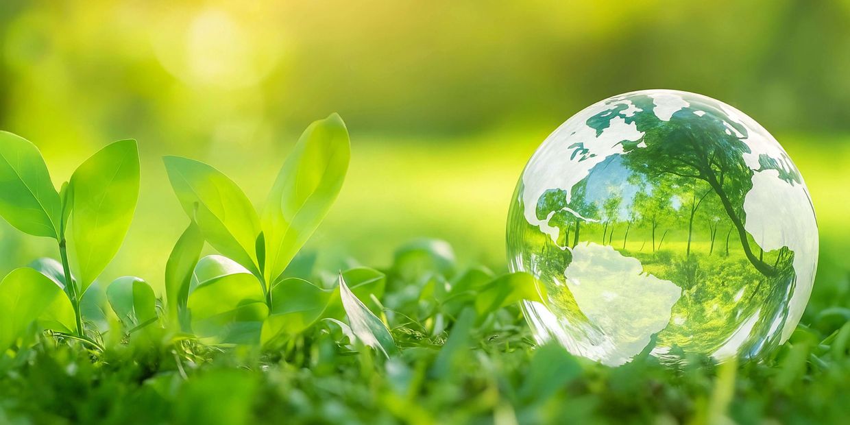 Nexus Materials promotes sustainability with a glass orb reflecting the Earth, surrounded by green p