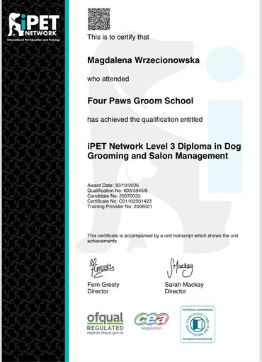 Diploma certifying Magdalena Wrzcionowska's qualification in dog grooming and salon management.