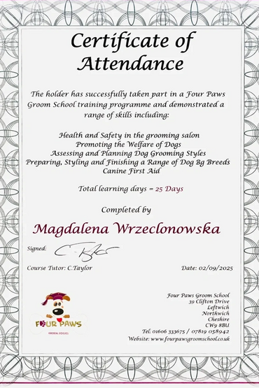 Certificate of Attendance for Magdalena Wrzcelonowska from Four Paws Groom School.