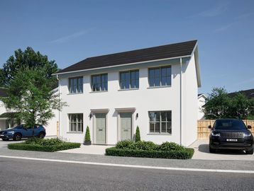 A modern duplex house with two entrances and parked cars on either side.