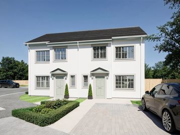 Modern semi-detached white house with two front doors and a driveway.