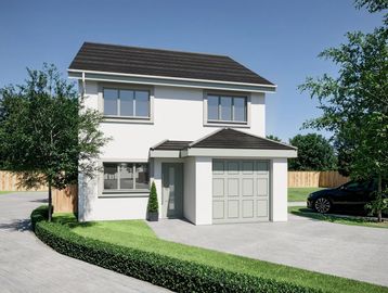 Modern two-story house with a garage and manicured lawn.