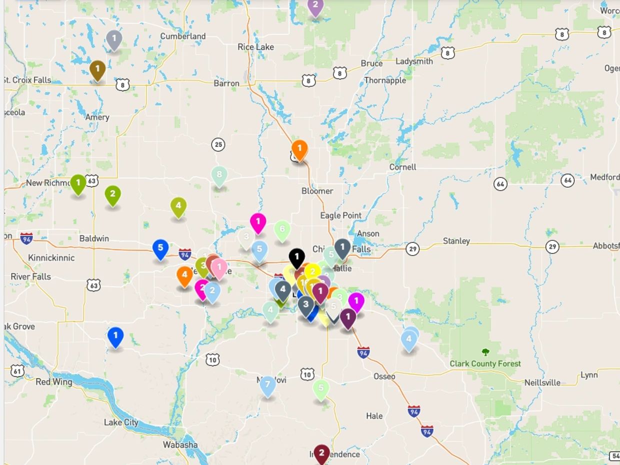 Total Pest Control Service Area in Northwest Wisconsin with pins where some clients are 