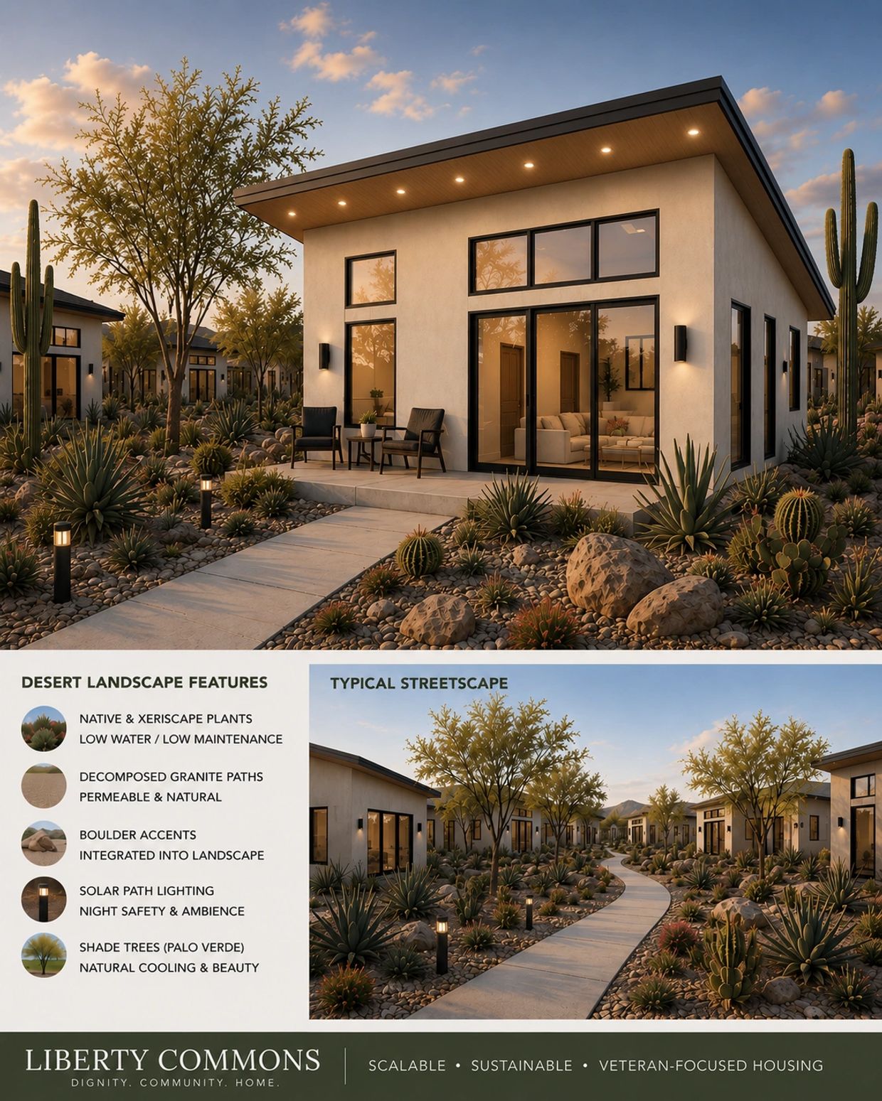 Modern desert homes with sustainable landscaping and solar path lighting.