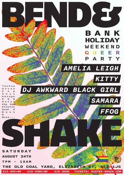 A poster with a multicoloured leaf on a white an pink background. Bend and Shake Queer Party