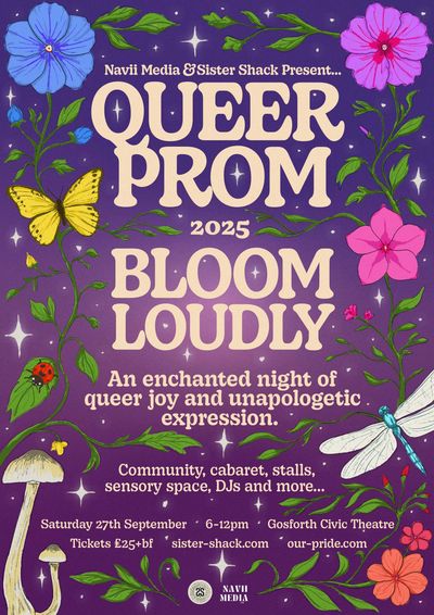 Illustrated poster with a purple background and bright, colourful floral designs. 