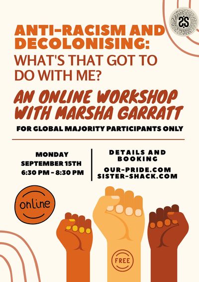 Poster for a free online workshop: Anti-Racism and Decolonising workshop. has raised skin tone fists