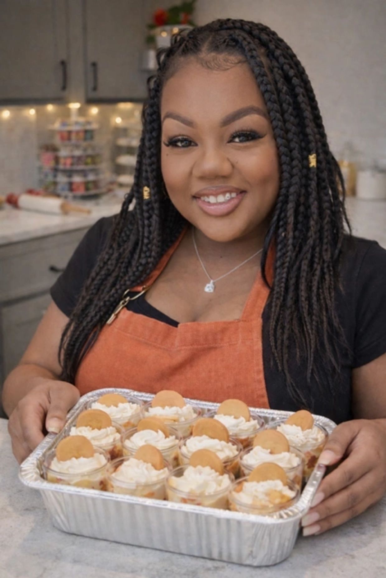 Smiling woman in orange apron holding tray of desserts with whipped cream and cookies.