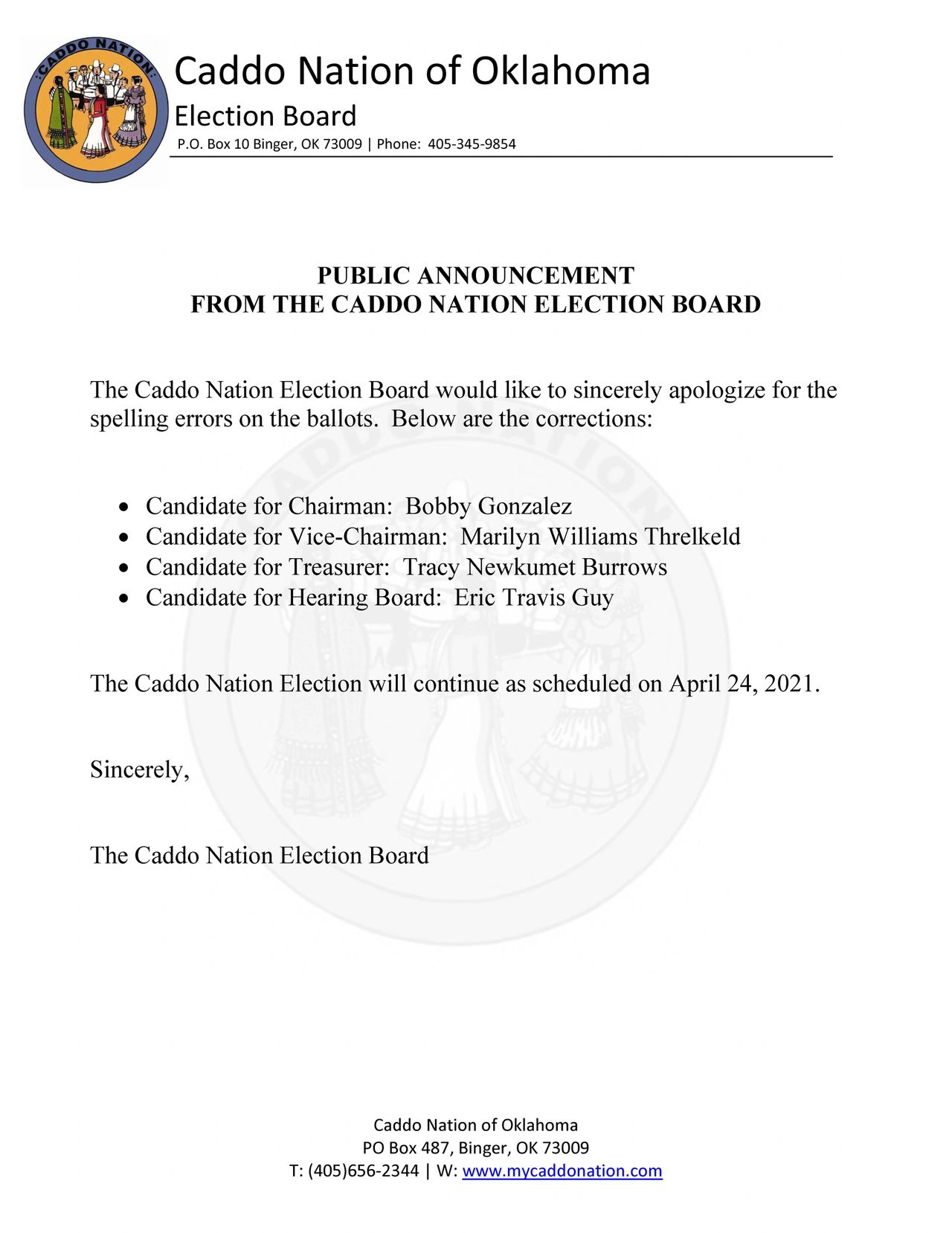 Public Announcement From The Caddo Nation Election Board